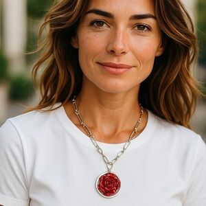 LOYAL MUSE Necklace 19” Rich Burgundy Rose Pendant on Multi Link Silver Chain